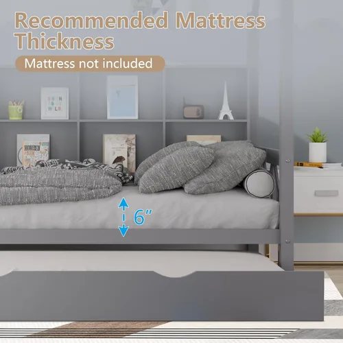 Miniatura 6 de Cama Full House con nido y estante de almacenamiento para niños, marco de cama de madera tamaño full con barandillas del techo y cabecero