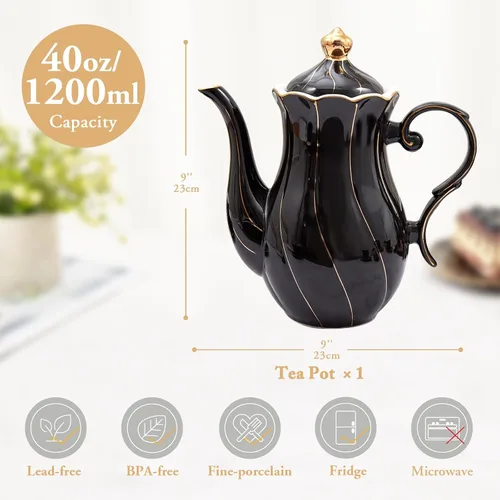 Miniatura 5 de DUJUST Tetera de porcelana estilo británico (40 onzas), tetera de cerámica de lujo con borde dorado, tetera de grado alimenticio con filtro