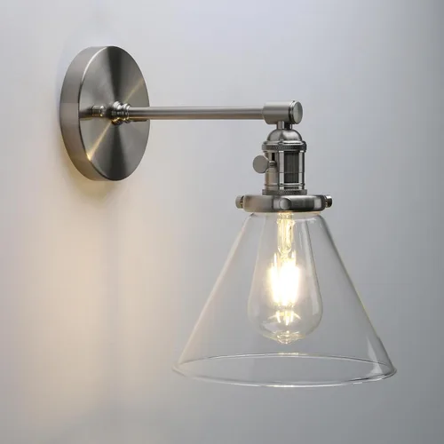 Phansthy Aplique de pared industrial vintage, lámpara retro de 1 luz de 7.3 pulgadas con pantalla de cono de vidrio para baño, cocina, dormitorio