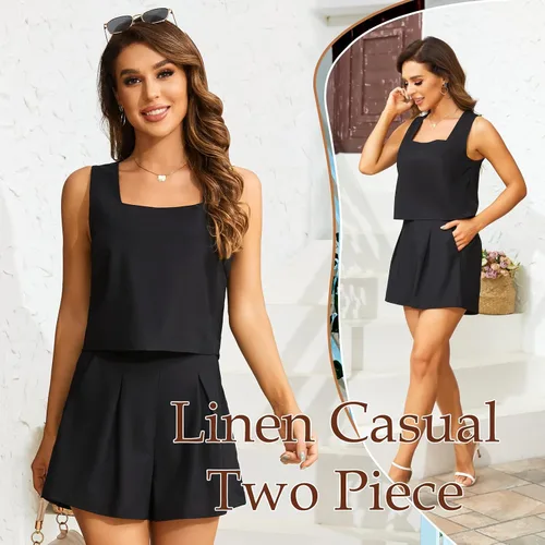Miniatura 3 de Slimers Conjunto de 2 piezas para mujer, ropa de descanso de dos piezas, pantalones cortos de lino, ropa de moda 2023, conjunto de vacaciones