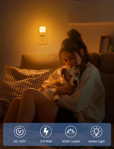 Miniatura 3 de Luces nocturnas ámbar enchufables a la pared, paquete de 2 luces LED de noche para dormitorio con sensor de atardecer a amanecer, brillo ajustable