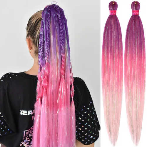 Miniatura 51 de Cabello trenzado verde con lentejuelas de 26 pulgadas, preestirado, trenzas de textura Yaki, extensiones de cabello pre plumadas, 3 paquetes, fácil