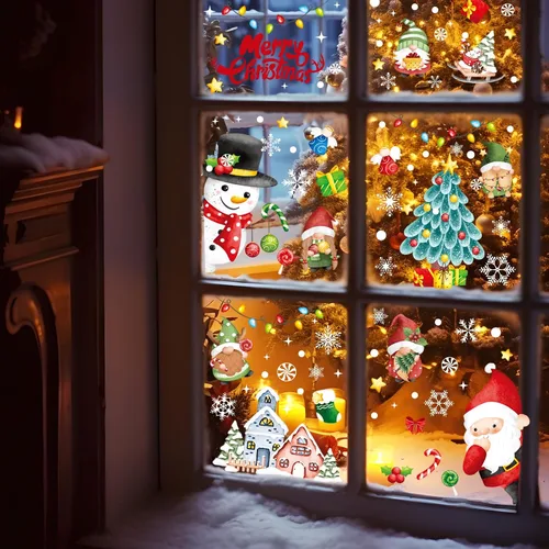 Miniatura 6 de AOWDIAO Decoraciones de Navidad, 210 unidades de adhesivos de ventana de Navidad para vidrio de doble cara, reutilizables, lindas calcomanías