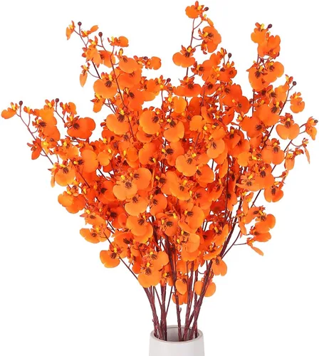 HANTAJANSS Ramo de orquídeas artificiales de seda realistas, 8 flores sintéticas, orquídeas naranjas falsas, tallo largo para decoración de