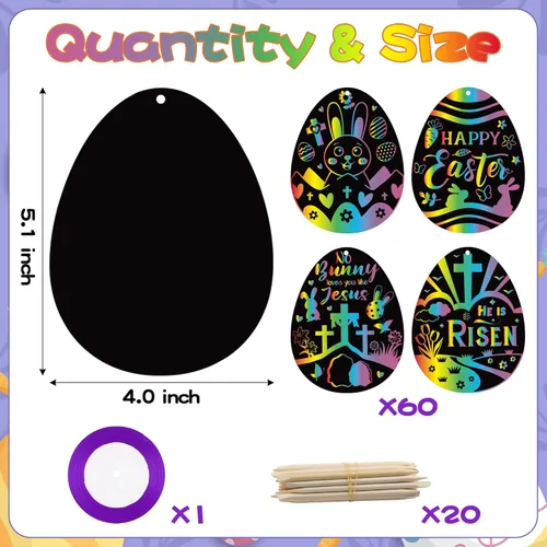 Miniatura 2 de BeYumi 60 tarjetas de rascar de huevos de Pascua para niños, kit de manualidades de color arcoíris mágico, regalo de fiesta de arte de papel, huevos
