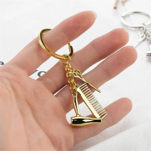 Miniatura 4 de Wixine 2 unids peluquero secador de pelo tijera peine llavero creativo llavero joyería regalos, Blanco,Oro