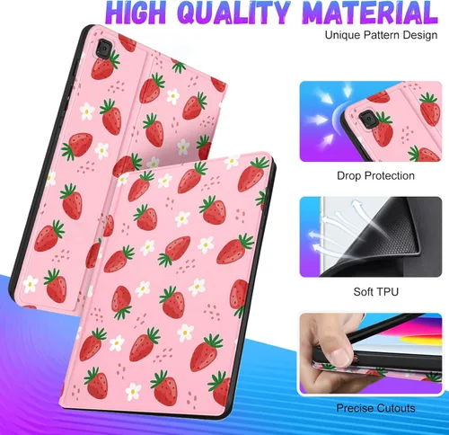 Miniatura 4 de Uppuppy Funda para Samsung Galaxy Tab S6 Lite de 10.4 pulgadas para niños y niñas, folio kawaii femenino, diseño de fresa, funda única para tableta