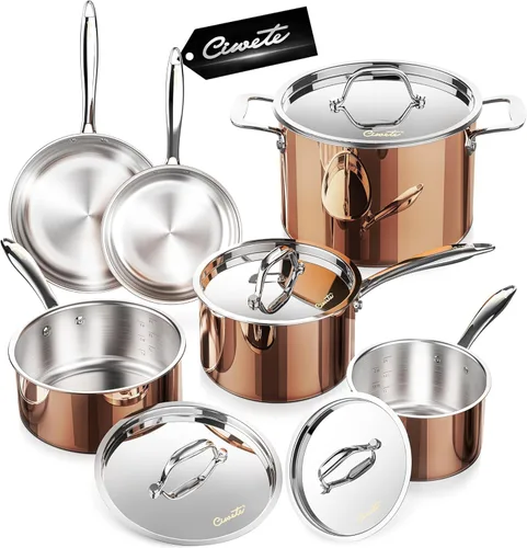 Ciwete Juego completo de utensilios de cocina de acero inoxidable 18/10 de triple capa, juego de 10 piezas de elegantes ollas y sartenes de cobre,