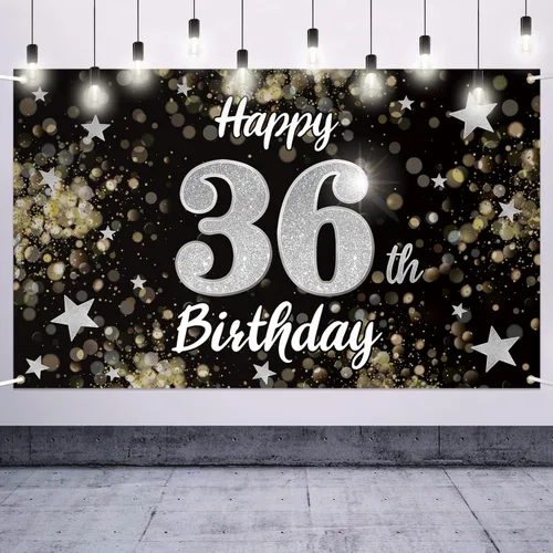 Miniatura 31 de Decoración de feliz cumpleaños 37, cartel grande de fondo de cumpleaños de 37 años con estrella de ensueño negro y plateado – Decoración de fiesta