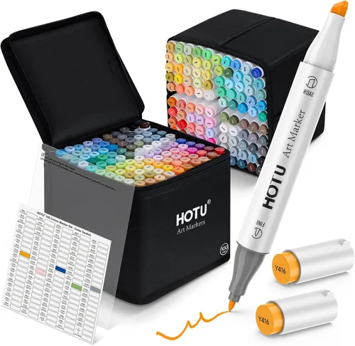 HOTU Marcadores de alcohol de 100 colores de punta fina, puntas duales, 79 colores vibrantes, 20 colores de tono de piel + 1 licuadora incolora,