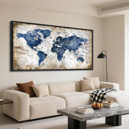 Miniatura 3 de Lienzo de mapa del mundo para pared, arte abstracto de mapas del mundo azul marino para pared, arte de pared moderno vintage para oficina, cuadros