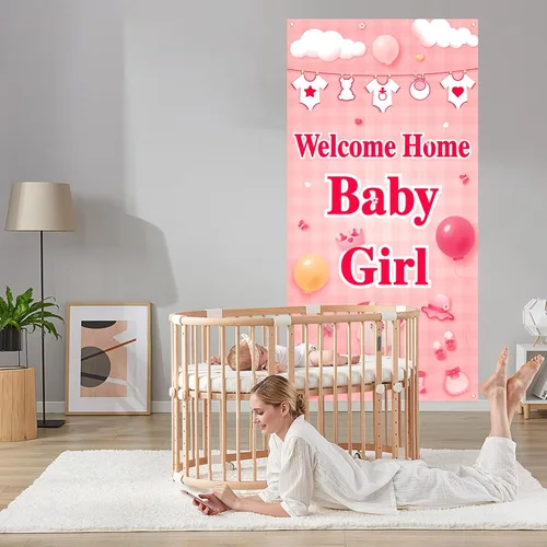 Miniatura 4 de Labakita Cartel de bienvenida para puerta de bebé niña, cartel con texto en inglés "It's a Girl Welcome Baby Girl", decoración de baby shower