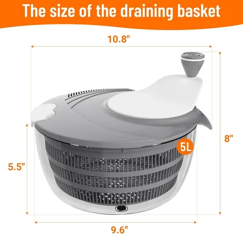 Miniatura 2 de HomeHacks Centrifugadora de Ensalada Grande, Centrifugadora de Lechuga Grande, Limpiador de Frutas Grande con Orificios de Drenaje Dobles, 5 Gris