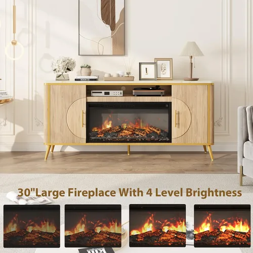 Miniatura 5 de Soporte de TV con chimenea acanalada de hasta 80 pulgadas, moderno centro de entretenimiento con chimenea eléctrica de 30 pulgadas, consola