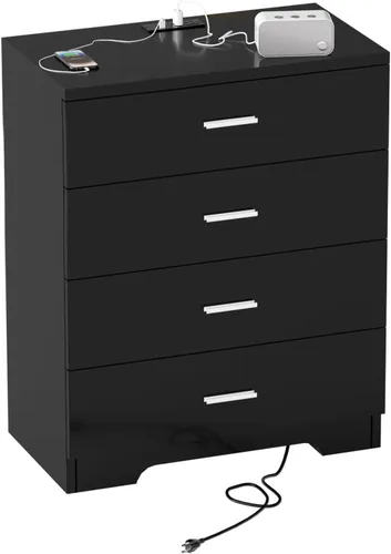 Miniatura 10 de GEPELCN Cómoda para dormitorio con tomas de corriente, cómoda de madera con 5 cajones con gran espacio de almacenamiento, cómoda negra con riel