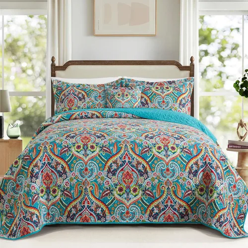 Miniatura 10 de TWINRUN Edredones de algodón tamaño Queen, colcha ligera tamaño Queen para cama, juego de edredón reversible suave a cuadros florales tamaño Queen G