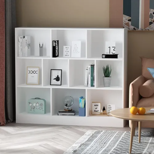 Miniatura 4 de AGOTENI Estantería de 10 cubos, organizador de almacenamiento abierto de madera de 3 niveles para sala de estar, dormitorio, oficina en casa, blanco