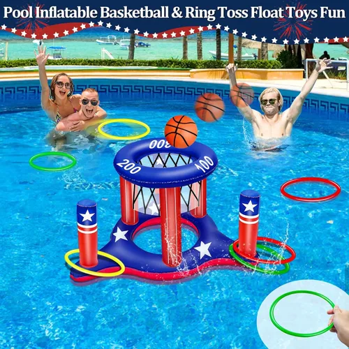 Miniatura 4 de Juego de juguetes de piscina con la bandera estadounidense, aro inflable de baloncesto flotante 2 en 1 y juego de piscina inflable para lanzar