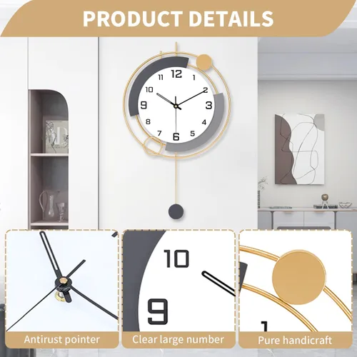 Miniatura 3 de Reloj de pared decorativo con péndulo, silencioso, de calidad de cuarzo, operado con batería, reloj de pared grande para sala de estar, cocina