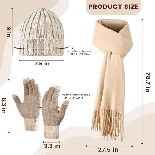 Miniatura 6 de Conjunto de gorro de invierno para mujer + bufanda larga + guantes para pantalla táctil, conjunto de ropa cálida con forro polar de punto