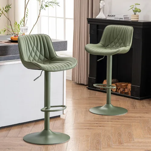 Miniatura 13 de YOUTASTE Juego de 2 taburetes de bar de piel sintética, todos los taburetes de bar tapizados de color verde oscuro con respaldo, silla giratoria
