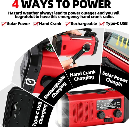 Miniatura 5 de QAUYYW Radio de Emergencia Meteorológica, Radio de Manivela Portátil de 37000mWh NOAA/AM/FM, Luz de Lectura, Radio Solar, Linterna de Emergencia