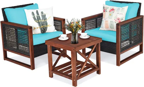Miniatura 11 de Tangkula Juego de muebles de mimbre de 3 piezas, juego de sofá de ratán para exteriores con cojín lavable y mesa de centro de madera de acacia, Rojo