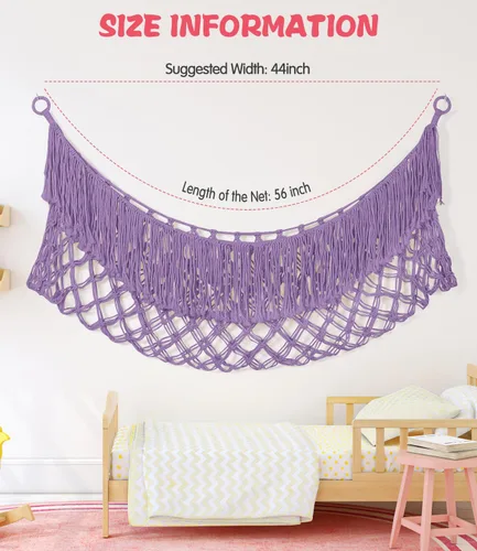 Miniatura 4 de Hamaca extra grande de red para animales de peluche – [56 pulgadas de largo/macramé tejido a mano/lavanda] Hamaca de almacenamiento para pared
