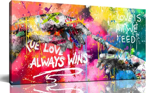 Miniatura 9 de CIRABKY Arte de pared de graffiti, colorido arte de pared de Banksy, impresión de niña con beso de niño, 20 x 40 pulgadas