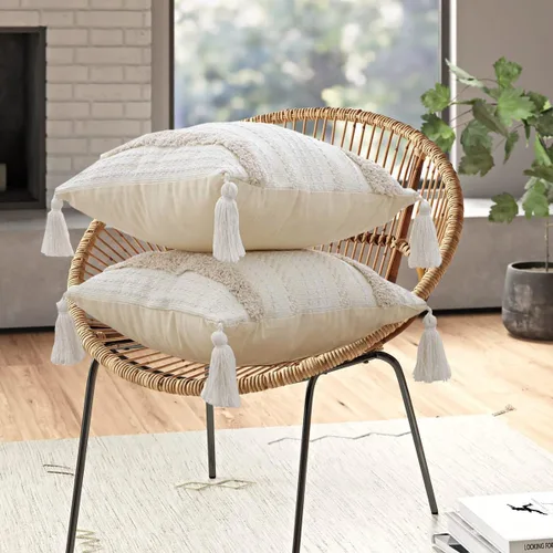 Miniatura 5 de Fundas de almohada decorativas bohemias, de algodón, tejidas a mano, con borlas, acento neutro para dormitorio, decoración de granja, sofá