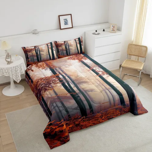 Miniatura 2 de Erosebridal Juego de ropa de cama con inserto de edredón de árbol brumoso para temporada de otoño, juego de edredón místico con niebla y naturaleza
