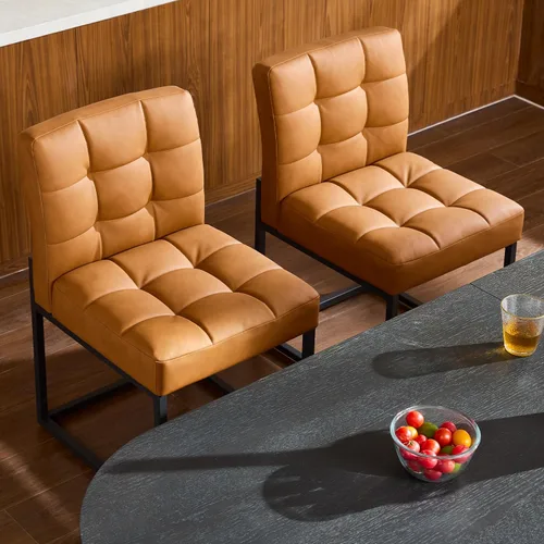 Miniatura 3 de GrandNoor Brown Faux Leather Dining Chairs Set of 2, Mid-Century Modern Dining Room Chairs with Armless, Checkered Kitchen Chair with Metal Legs