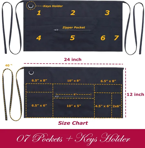 Miniatura 2 de Delantales de camarero con 7 bolsillos con bolsillo con cremallera (paquete de 2) - Delantales para mujeres y hombres - Medio delantal de cintura