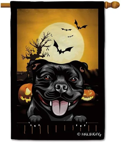 Miniatura 39 de Bandera de jardín de calabaza de Feliz Halloween Jack O'Lantern con perro Rhodesian Ridgeback Halloween Bat Boo Bandera decorativa para patio al
