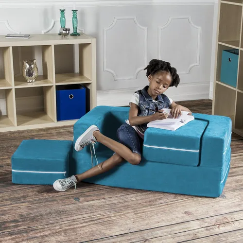 Miniatura 6 de Jaxx Zipline - Sofá biplaza modular y otomana para niños, tumbona plegable, color aguamarina