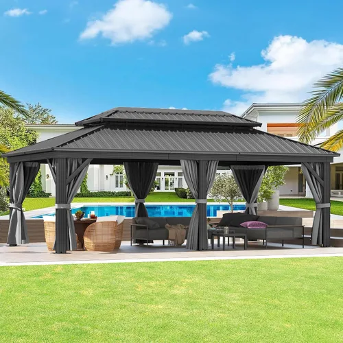 Miniatura 15 de DWVO Gazebo de techo rígido de 10 x 10 pies, techo doble con redes y cortinas, techo de rayas verticales de acero galvanizado resistente para patio