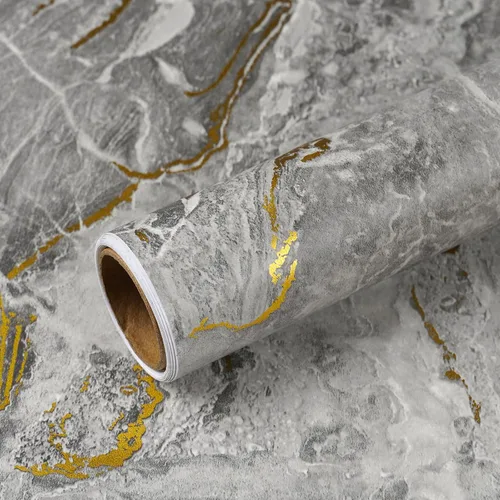 VEELIKE Papel de contacto para encimera de mármol líquido dorado gris, impermeable, despegar y pegar para cocina, 15.7 x 354 pulgadas, papel tapiz