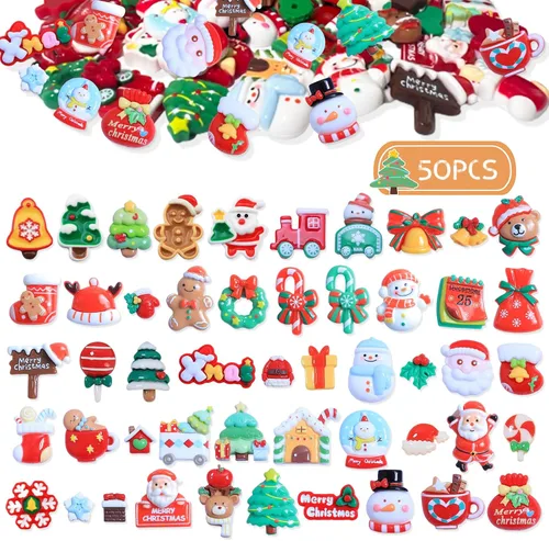 50 dijes de resina de Navidad con parte trasera plana, Papá Noel, muñeco de nieve mixto, campanas de árbol de Navidad, adornos para álbumes de