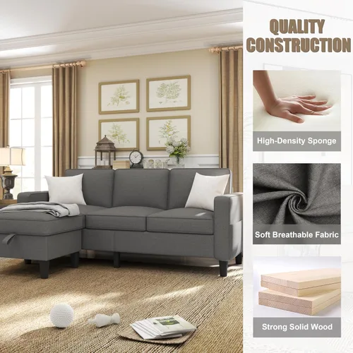 Miniatura 5 de ZeeFu Sofá para sala de estar – Sofá seccional en forma de L de lino beige de 78 pulgadas con otomana de almacenamiento – Moderno sofá tapizado