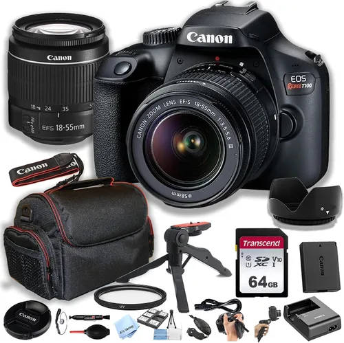 Canon EOS Rebel T100 (EOS 4000D) Cámara DSLR con lente EF-S de 0.709-2.165 in F/3.5-5.6 de zoom + tarjeta de memoria de 64 GB, funda, capucha,