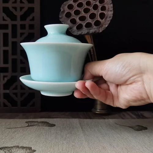 Miniatura 3 de Gaiwan Kung Fu - Juego de tazas de té y platillo de porcelana con tapa, 5 onzas (azul cielo)
