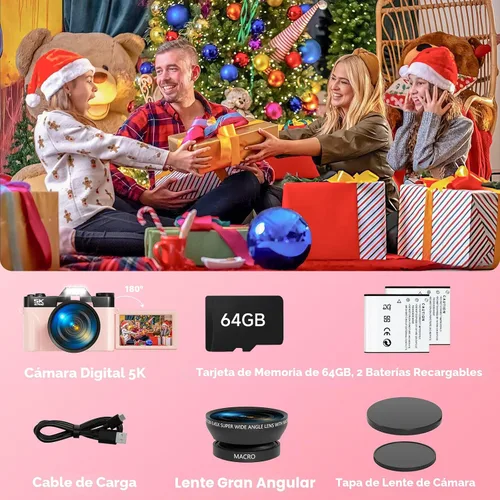 Miniatura 7 de Cámara digital 5K para fotografía, cámara de vlogging WiFi UHD de 75 megapíxeles para YouTube, cámara compacta con pantalla abatible de 3" 180°, Rosa
