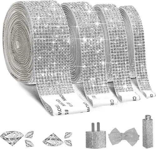 Miniatura 13 de 4 rollos de cinta autoadhesiva con diamantes de imitación, cinta de diamantes bling con pegatinas de 2 mm para manualidades, bodas, cumpleaños
