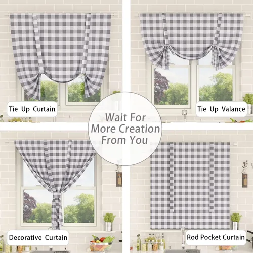 Miniatura 172 de Cenefas de cortina para ventana de 16 pulgadas de largo, 2 paneles de cuadros búfalo, cortinas pequeñas con bolsillo para barra, estilo clásico