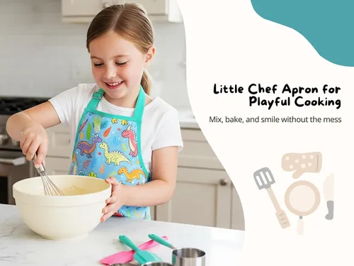 Miniatura 2 de PurpleEssences Delantal para niños con correa ajustable para el cuello y bolsillo frontal, delantal de chef para hornear y manualidades, 15 x 18