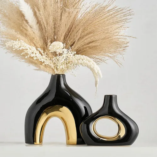 AWNR Jarrón negro dorado decoración: juego de 2 jarrones de cerámica para decoración del hogar, jarrones rústicos bohemios para flores, florero