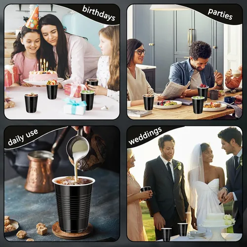 Miniatura 6 de Paquete de 100 vasos de plástico negros de 12 onzas, vasos desechables para fiestas, vasos de bebida resistentes, vasos de graduación para boda