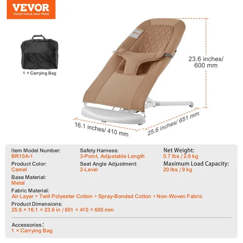 Miniatura 7 de VEVOR Gorila para bebé, asiento plegable para bebés de 0 a 9 meses, silla gorila para recién nacidos con 2 ángulos reclinables y arnés de 3 puntos