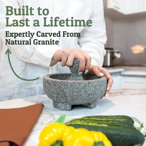 Miniatura 2 de PriorityChef - Juego de mortero y mano de mortero de granito – Molcajete Mexicano de piedra natural de 6.1 pulgadas para especias, condimentos