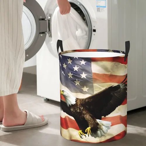 Miniatura 7 de Cesta circular con estampado de bandera estadounidense con águila moscada, impermeable, cesta organizadora de lavandería, con asas, para ropa